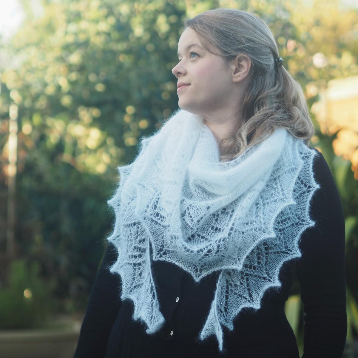 white mohair lace crescent shawl being worn bandana style