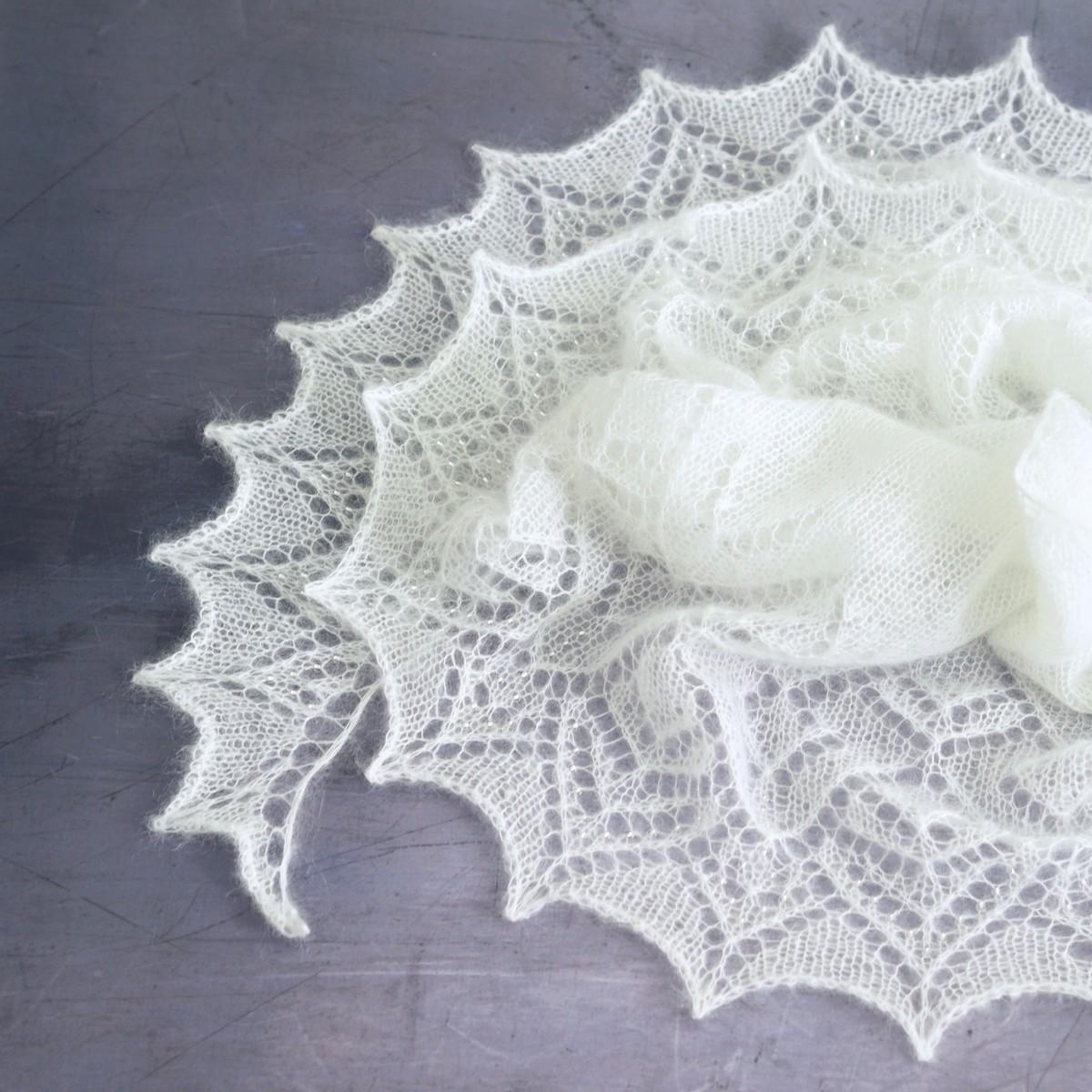 Flat lay image of Ammil shawl with mohair, beads and a lace edge