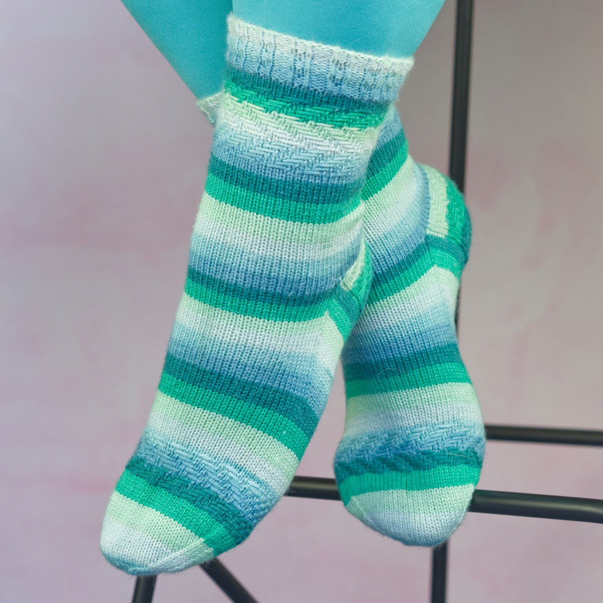 sea green striped socks with woven texutre at cuff, heel and ball of foot