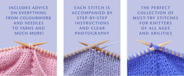 3 images of knitting on needles with descriptions of book above