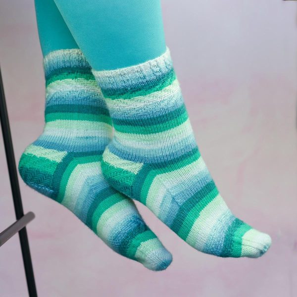 sea green striped socks with woven texutre at cuff, heel and ball of foot