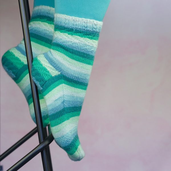 sea green striped socks with woven texutre at cuff, heel and ball of foot