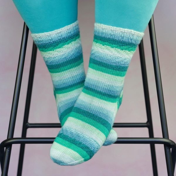 sea green striped socks with woven texutre at cuff, heel and ball of foot