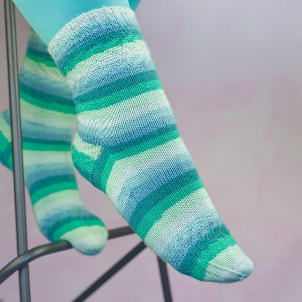 sea green striped socks with woven texutre at cuff, heel and ball of foot